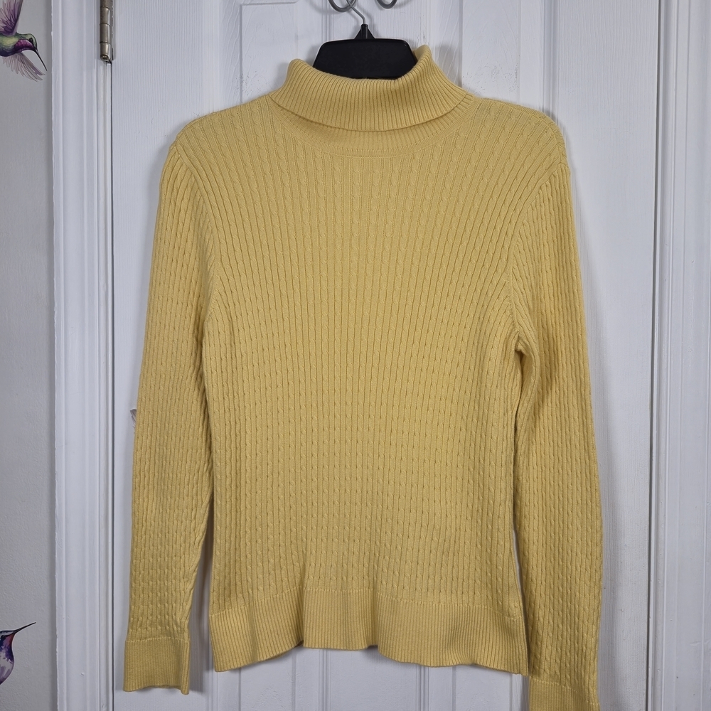 Jeanne Pierre Yellow Cable Knit Turtleneck 100% Cotton Sweater Size Large Preppy